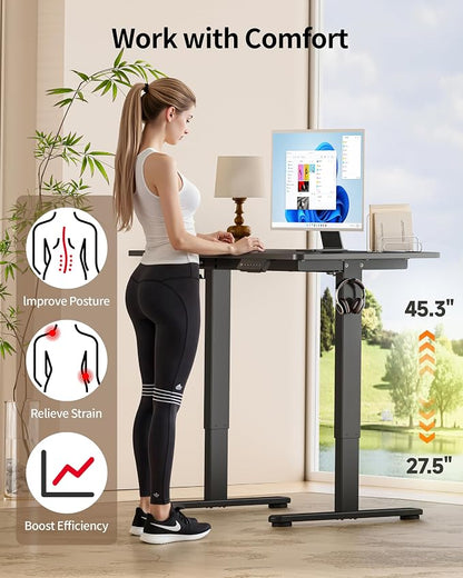 Okin Standing Desk Electric Adjustable Computer Whole Piece Stand up Desk Office Gaming Home Office Memory Desks 48x24 inches Black