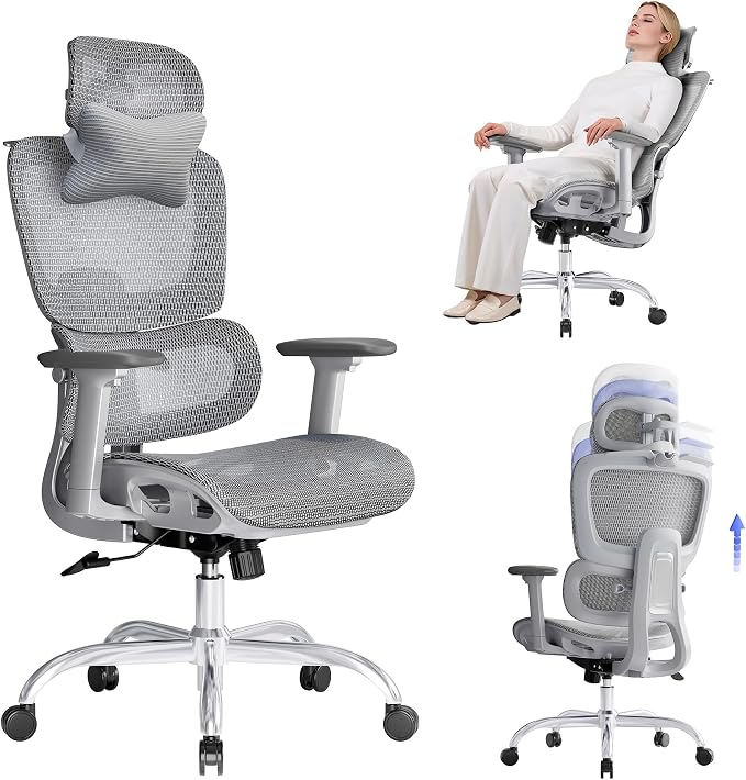 Ergonomic Office Chair with 3D Headrest, Computer Chair with Adjustable Backrest & 3D Armrest, Gaming Chair with Adaptive Lumbar Support, Mesh Backrest & Cushion, Grey