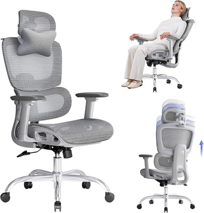 Ergonomic Office Chair with 3D Headrest, Computer Chair with Adjustable Backrest & 3D Armrest, Gaming Chair with Adaptive Lumbar Support, Mesh Backrest & Cushion, Grey