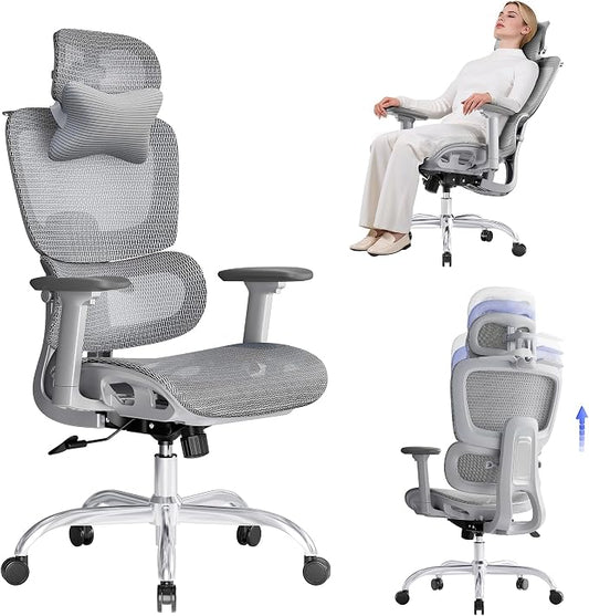 Ergonomic Office Chair with 3D Headrest, Computer Chair with Adjustable Backrest & 3D Armrest, Gaming Chair with Adaptive Lumbar Support, Mesh Backrest & Cushion, Grey