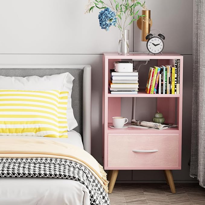 Aenuert Night Stand with Charging Station, Pink Nightstand with Drawer, 3-Tier Wooden Bedside Table with USB Ports and Outlets, End Table for Small Space, Living Room, Bedroom