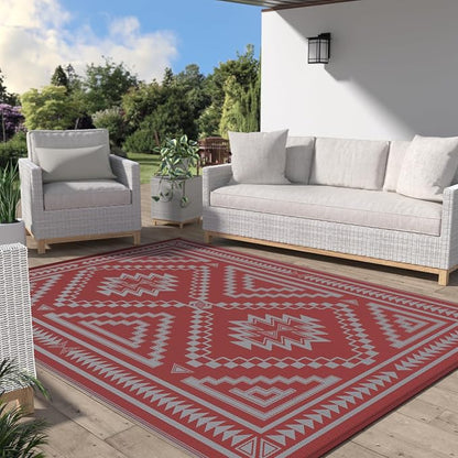GENIMO Outdoor Rug for Patio Clearance - 6x9 ft Waterproof Plastic Camping Rugs, Reversible Outside Rv Mat Carpet for Porch, Deck, Picnic, Balcony, Beach, Backyard, Red Grey