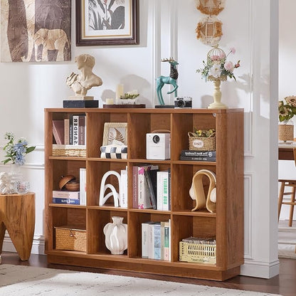 Joaxswe 12 Cube Storage Organizer, 41" Wide Large Bookshelf with Curved Edge, Wood Floor Standing 3-Tier Cubby Bookcase w/Base, Rustic Display Storage Cabinet, Book Case for Home Office, Brown