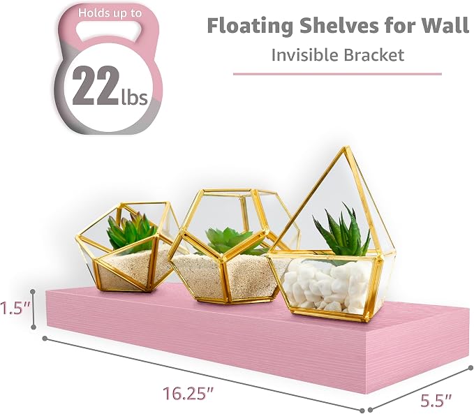 Sorbus Floating Shelves for Wall – 16 Inch Floating Shelf for Kitchen, Bedroom, Living Room, Bathroom, Home & Wall Decor - Mounted Bathroom Shelves with Invisible Brackets (Soft Pink, 3 Pack)