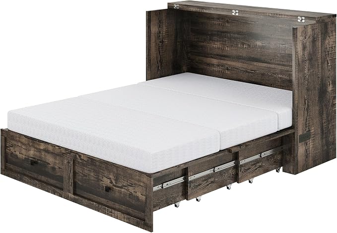 LUXOAK Queen Murphy Bed with 6" White Tri-Fold Memory Foam Mattress, Storage Drawer & Charging Station, Space-Saving Design for Home Office or Guest Room, Black Oak