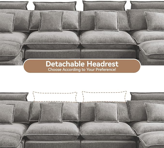 134'' Cloud Modern 4 Seater Couch with Detachable Headrest, Modular Sectional Sofa with 2 Ottoman, Oversized U Shape Chenille Comfy Sofa with Armrests for Living Room, Light Grey