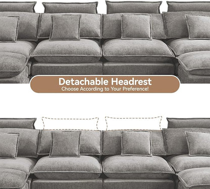 134'' Cloud Modern 4 Seater Couch with Detachable Headrest, Modular Sectional Sofa with 2 Ottoman, Oversized U Shape Chenille Comfy Sofa with Armrests for Living Room, Light Grey