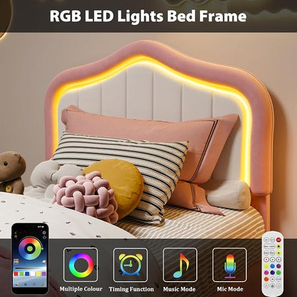 Twin Upholstered Bed Frame With Storage Drawer and Smart Led Headboard, Princess Twin Size Platform Bed Frames for Kids/Girls, Wooden Slats Support, No Box Spring Needed, Easy Assembly, Pink
