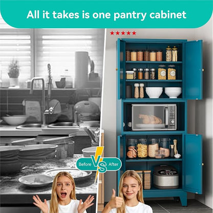 69" Tall Pantry Cabinet with Open Shelf,13.78“Deep By 28" Wide Storage Cabinet with Doors and Adjustable Shelves,Microwave Stand,for Kitchen Dining Room Living Room Bathroom,Teal Blue,1Pc