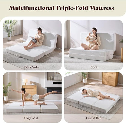AMERLIFE Queen Tri-Fold Memory Foam Mattress, 6-Inch Cooling Gel Folding Guest Mattress with Washable Cover, Portable Floor Mattress for Guests, Murphy Bed and Home Use, White