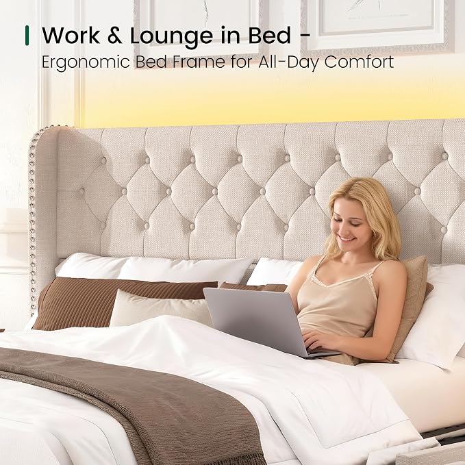 LARMACE King Size Bed Frame with LED Lights and 4 Storage Drawers Linen Upholstered Platform Bed Frame with 47.2" Tall Tufted Headboard Wingback, No Box Spring Needed, Easy to Assemble, Beige