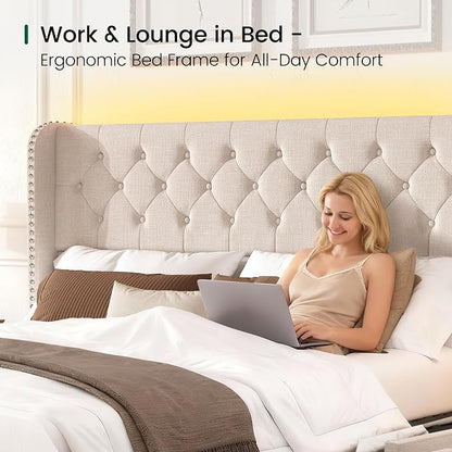 LARMACE King Size Bed Frame with LED Lights and 4 Storage Drawers Linen Upholstered Platform Bed Frame with 47.2" Tall Tufted Headboard Wingback, No Box Spring Needed, Easy to Assemble, Beige