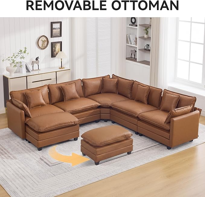 WUTUTUEE 35'' Modern Leather Cloud Sofa Ottoman,Rectangle Ottoman for Modular Sectional Sofa, Leather Light Brown