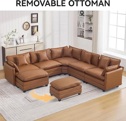 WUTUTUEE 35'' Modern Leather Cloud Sofa Ottoman,Rectangle Ottoman for Modular Sectional Sofa, Leather Light Brown