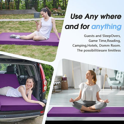 CYMULA 3 Inch Memory Foam Camping Pad, Camping Essentials Roll Up Floor Mat for Car Camping, Cot, Tent, Truck, Travel and Guest Use, Non-Slip Waterproof Bottom, Removable Cover