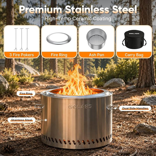 Golabs Smokeless Portable Fire Pit, 19.5" Stainless Steel, for Wood/Charcoal/Pellet Fuel, Portable with Sturdy Handles & Fire Cover, Suitable for 2-6 People, Perfect for Backyard, Picnics & Camping