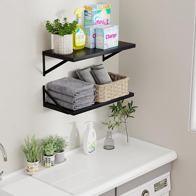 Axeman Deep Floating Shelves Black- 24 Inch Wide x 12 Inch Deep Wall Shelves Set of 2 - Black Wood Wall Shelves for Living Room Bedroom Laundry Room