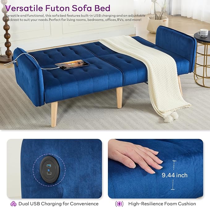 TYBOATLE 62.99" W Velvet Modern Convertible Folding Futon Couch Sofa Bed w/ 2 USB Charging Ports for Compact Living Space, Small Couches for Office, Dorm, RV Room, Apartment, Bedroom (Navy Blue)