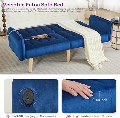 TYBOATLE 62.99" W Velvet Modern Convertible Folding Futon Couch Sofa Bed w/ 2 USB Charging Ports for Compact Living Space, Small Couches for Office, Dorm, RV Room, Apartment, Bedroom (Navy Blue)