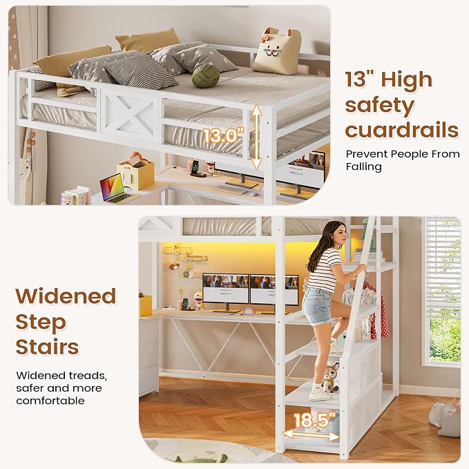 Itaar Full Size Loft Bed with Desk and Storage Stairs, Metal Loft Bed with 6 Storage Drawers, Hall Tree, LED Lights and Power Outlet, for Kids, Teens, Adults, (White, Full)