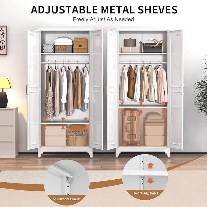 Metal Wardrobe Cabinets,Armoire Wardrobe Closet with Hanging Rod,Clothes Storage Cabinet with Adjustable Shelves and Doors,Clothing Cabinet for Bedroom,Office, Laundry Room