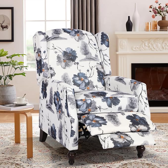 Upholstered Wingback Recliner Chair, Mid Century Modern Manual Push Back Recliner for Living Room, Bedroom (1, Blue Floral)