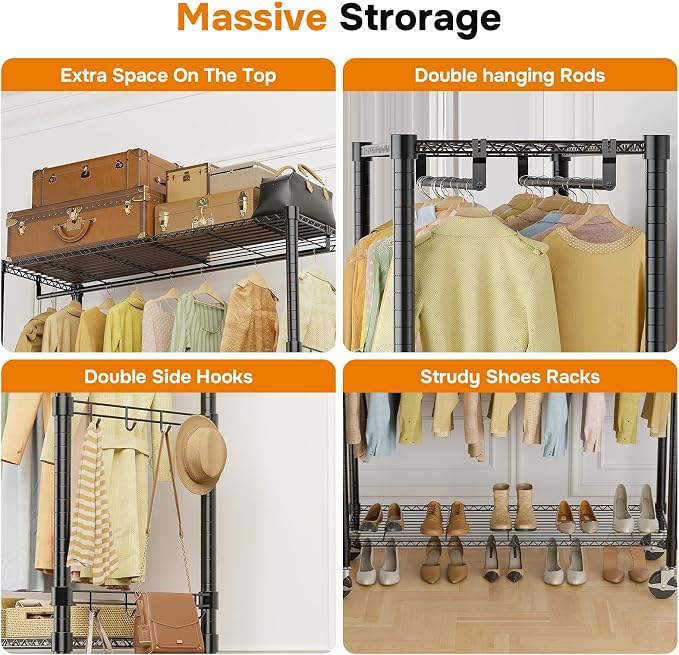 Simple Deluxe Rolling Clothes Rack, Heavy Duty Clothing Rack, 3-Shelf Portable Adjustable Wardrobe Closet with Wheels, Hanging Rods & Side Hooks, 43.3" W x 17.7" D x 80.3" H, Black