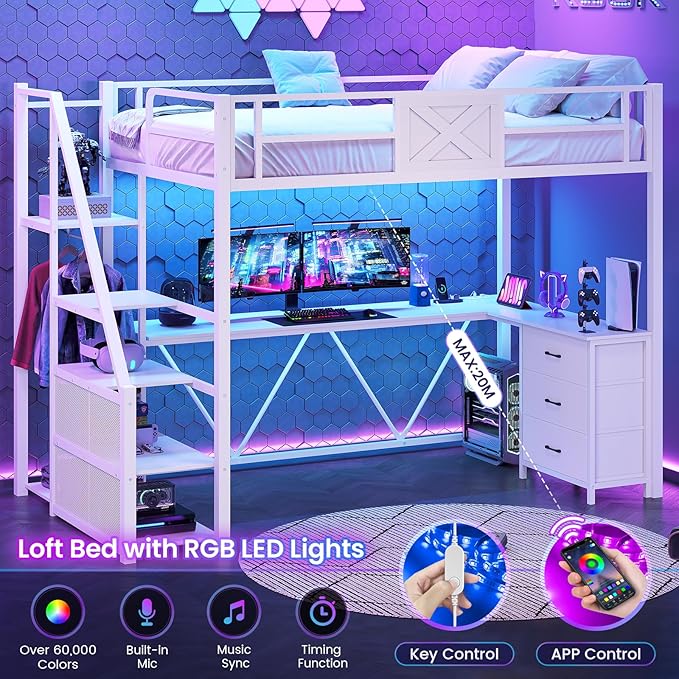 Itaar Stairway Twin Size Loft Bed with L Shaped Desk and Wardrobe, Metal Loft Bed Frame with Storage Stairs, 3 Fabric Drawers, LED Lights & Charging Sation (White, Twin)