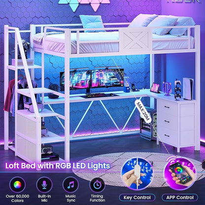 Itaar Stairway Twin Size Loft Bed with L Shaped Desk and Wardrobe, Metal Loft Bed Frame with Storage Stairs, 3 Fabric Drawers, LED Lights & Charging Sation (White, Twin)