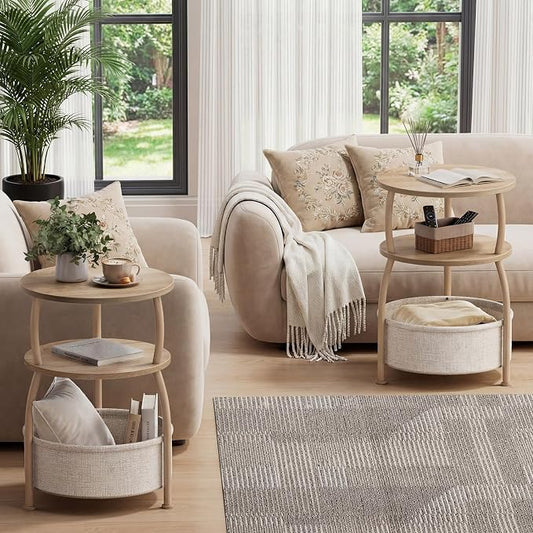 Round Side Table with Storage Basket, End Table Living Room | 3-Tier Bedside Table, Corner Table for Small Room, Bedroom, Garden, 15.75in Couch Side Table with Cat Bed, Accent Table