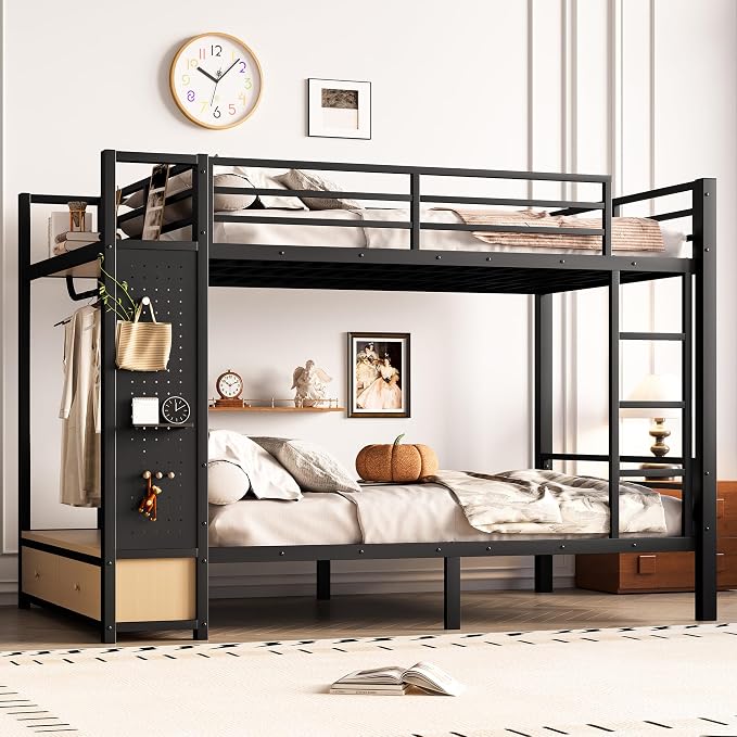 DNYN Full Over Full Metal Bunk Bed with 2 Drawers and Built-in Wardrobe for Teens Bedroom/Dorm/Staff Housing, Space-Saving Bed Frame with Storage Shelves and Pegboard, No Box Spring Needed