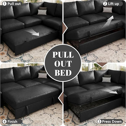 85 Inch Faux Leather Modular Sectional Sofa with Pull Out Bed, L Shaped 5 Seat Sectional Sleeper Sofa with Storage, Sectional Couches for Living Room, Cloud Modular Couch,Black Leather