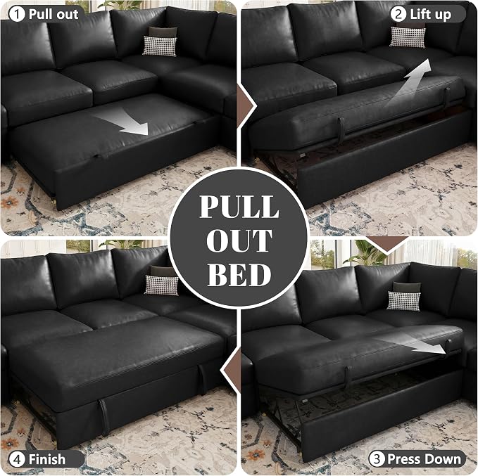108 Inch Faux Leather Modular Sectional Sofa with Pull Out Bed,U Shaped 7 Seat Sectional Sleeper Sofa with Storage,Sectional Couches for Living Room,Cloud Modular Couch,Black Leather