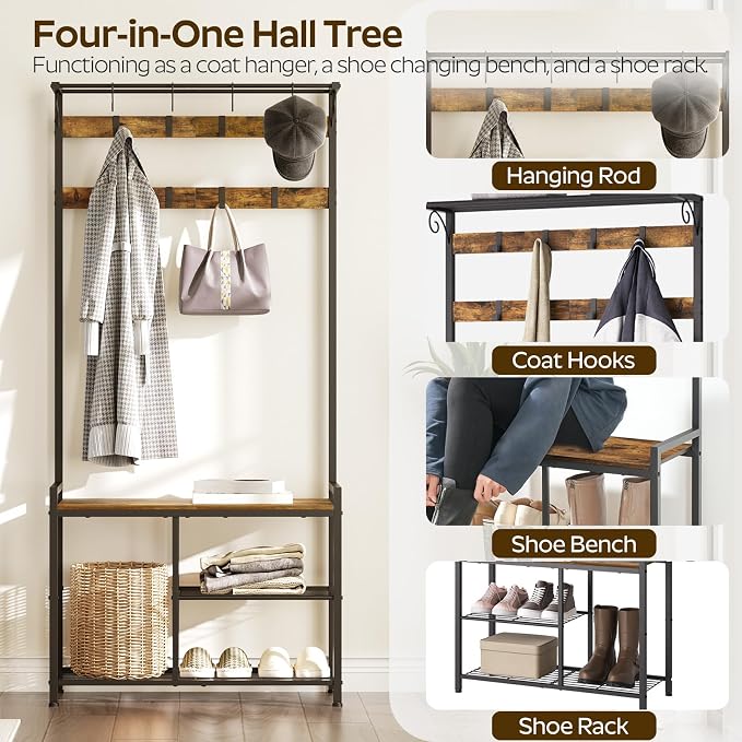 YATINEY Coat Rack Shoe Bench, 4-in-1 Hall Tree with Storage Shelves and Hanging Rod, Entryway Storage Organizer with 8 Movable Hooks, for Entryway, Hallway, Corridor, Rustic Brown and Black MT12BR