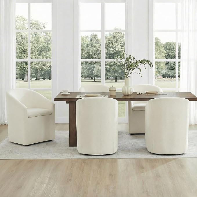 KISLOT Upholstered Dining Chairs Set of 4 with Casters, Modern Side Barrel Armchair with Washable Slipcover & Sturdy Metal Frame for Diningroom Bedroom Livingroom Reading Room, Beige Fabric