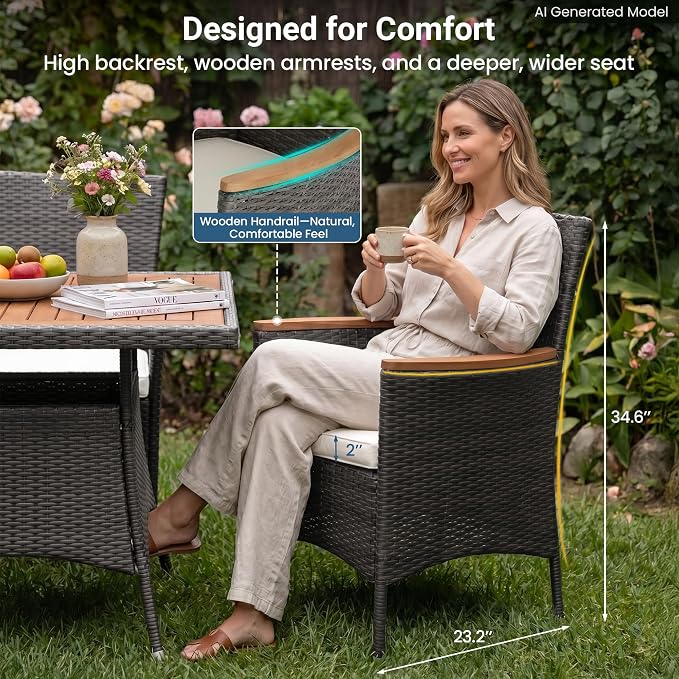 Wisteria Lane 5-Pieces Patio Dining Sets, Rattan Outdoor Table and Chairs with Acacia Wood Tabletop, Metal Patio Dining Furniture for 4 with Removable Cushions for Deck Garden Backyard, Grey