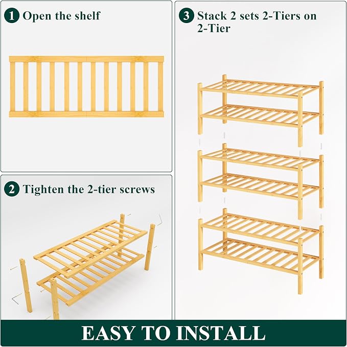 Smiry Bamboo Shoe Rack, 6 Tier Free Standing Wooden Shoe Organizer, Stackable Wood Shoe Storage Shelf for Closet, Entryway, 12 Vertical Slats, 2+2+2 Stack Standard Legs, 26.8"x11"x39", Natural