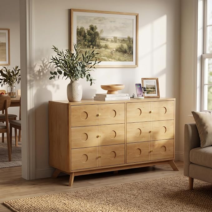 Gyfimoie Dresser for Bedroom with 6 Drawers, 47.2" W Modern Chest of Drawers with Power Outlet, Wooden Dresser TV Stand, Wood Closet Clothes Storage Organizer for Living Room, Hallway, Natural Oak