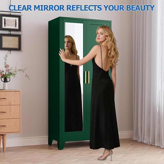 GAIOUS 71" Metal Wardrobe Cabinet with Mirror and Hanging Rod Green | Clothing Storage Cabinets with 2 Doors and Adjustable Shelves, Armoire Wardrobe Closet for Bedroom, Laundry Cloak Room