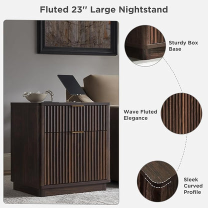 T4TREAM 23'' Fluted Nightstand with Charging Station, Large 2 Drawer Side Table, Modern End Table with Storage, Mid Century Bedside Table for Bedroom, Living Room, Curved Profile, Dark Walnut