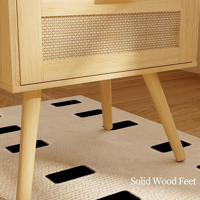 JOONEE Rattan Nightstand with Charging Station,Farmhouse Bedside Table with 2 Storage Drawer and Open Wood Shelf, for Bedroom and Small Spaces,Night Stand with Solid Wood Legs (Yellow Oak-Outlet)