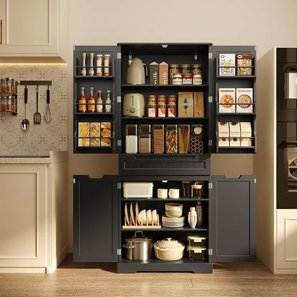 Gizoon 70" Tall Kitchen Pantry Cabinet with Doors and Adjustable Shelves, 5-Tier Multipurpose Pantry Storage Cabinet with Drawer Freestanding Organizer for Small Kitchen Bathroom Laundry Room, Black