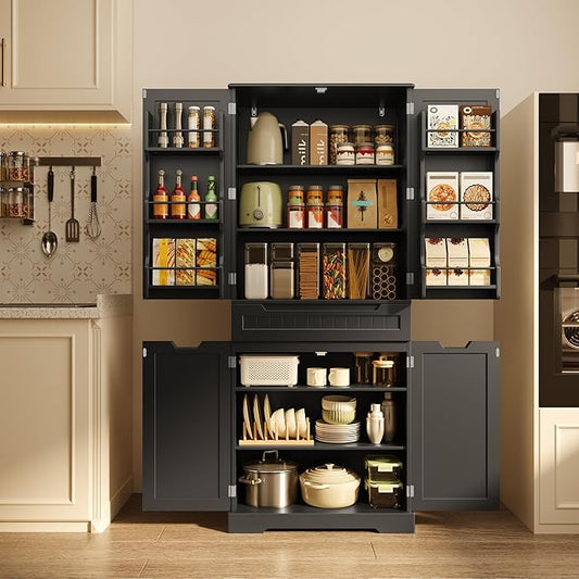 Gizoon 70" Tall Kitchen Pantry Cabinet with Doors and Adjustable Shelves, 5-Tier Multipurpose Pantry Storage Cabinet with Drawer Freestanding Organizer for Small Kitchen Bathroom Laundry Room, Black