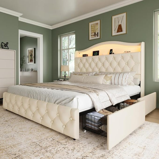 Queen Size Bed Frame and Headboard & 4 Storage Drawers, Upholstered Platform Bed Frame with RGB LED Lights & Charging Station, No Box Spring Needed, Easy Assembly, Noise-Free, Beige