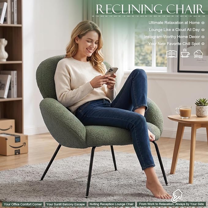Accent Chair, Cloud Accent Chair for Bedroom, Boucle Fabric (Green) | Comfy Bedroom Chair with Love Back and Sturdy And Durable Solid-Wood Frame/ Study Room / Bedroom / Living Room /(Cream Style)