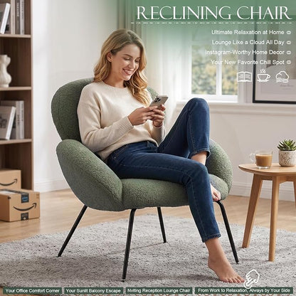Small Accent Chair Set of 2,Sherpa Chair with Love Back, Boucle Chairs with Metal Legs, Comfy Modern Reading Chairs/Sherpa Accent Chair with Thick High-Elastic Sponge/Cream Style Room (Green)