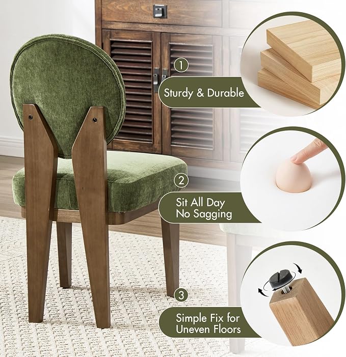 Hyfirm Mid-Century Modern Walnut Dining Chairs Set of 2, Vintage Green Wooden Kitchen Chairs, Retro Upholstered Velvet Cushioned Seat with Curved Backrest, Armless Accent Side Chair for Bedroom