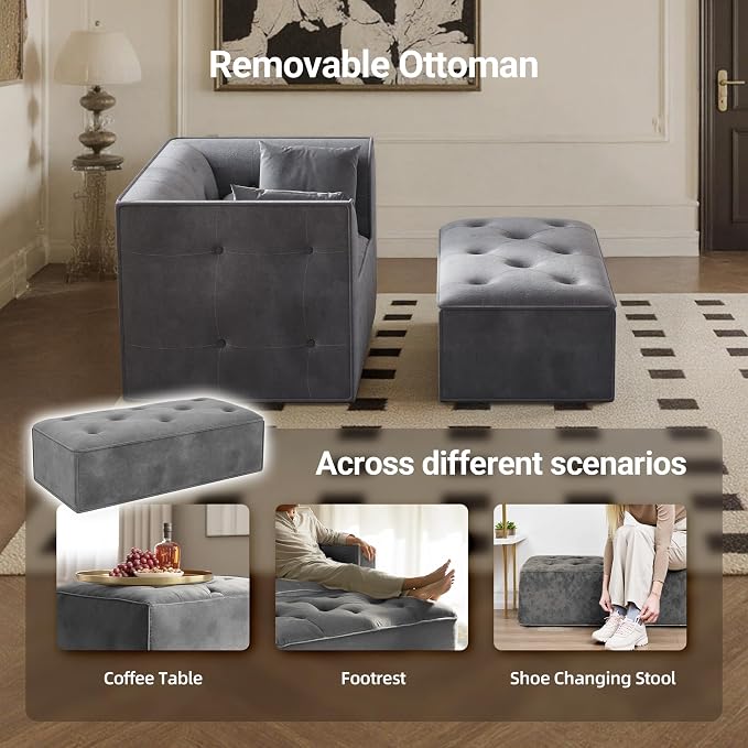 Claiks 62" Chaise Lounge Chair Indoor,Oversized Chaise Lounge for Living Room, Upholstered Boneless Chair Bed with Ottoman, Armrest and Pillows, Indoor Cloud Couch, Dark Gray