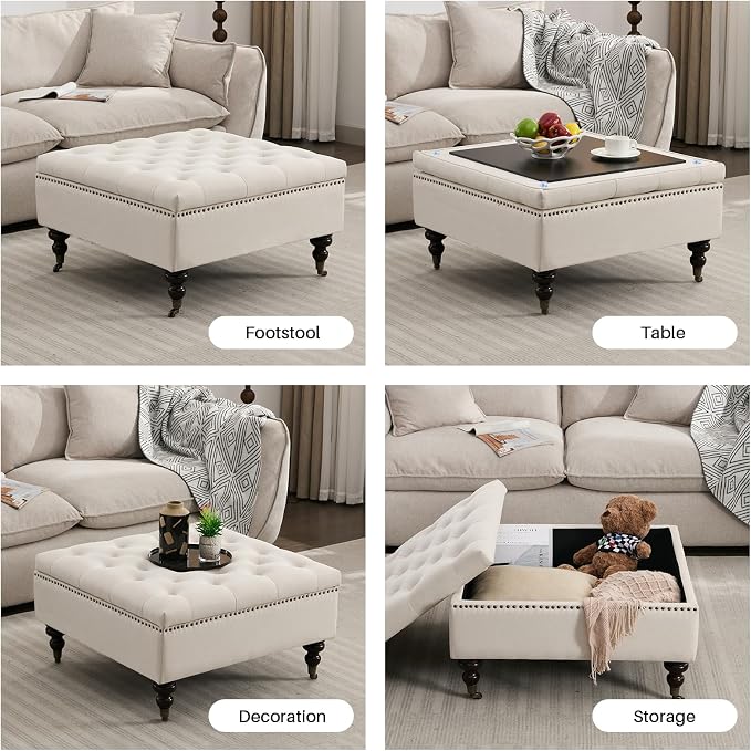 Large Square Storage Ottoman Uphlostered Tufted Button Coffee Table, Oversized Footrest Bench with Castered Rolling Wheels for Living Room, Beige Linen Waterproof