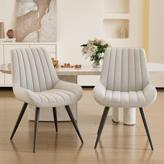Dining Chairs Set of 2, Mid Century Modern Kitchen Chairs with Soft Cushion, Comfortable Upholstered Fabric Dining Room Chairs for Kitchen, White